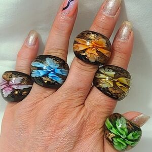 Dichroic Art Glass Domed Floral Glass Ring Set of 5